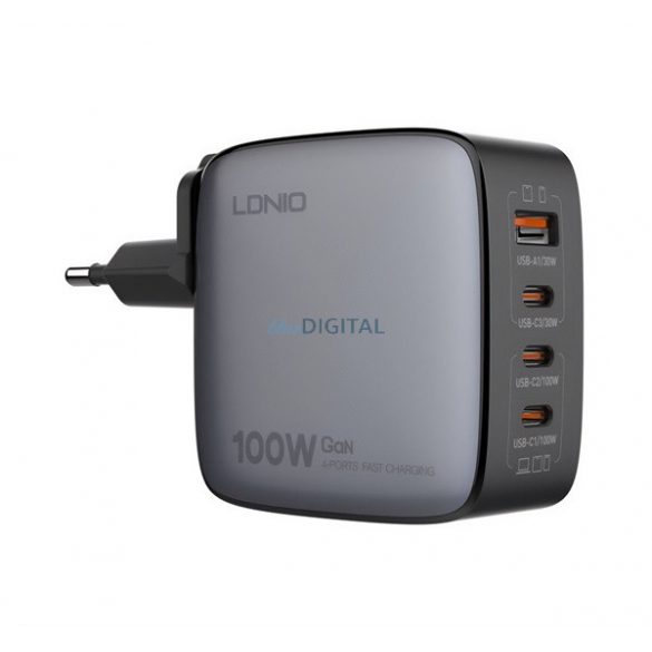 LDNIO Q408 Încărcător de putere USB+3 priză Type-C (100W, GaN, încărcător rapid PD) NEGRU