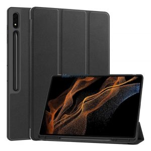 Husă permanentă cu efect de piele (FLIP activ, deschidere laterală, TRIFOLD, desktop, suport pentru creioane) BLACK Samsung Galaxy Tab S10 Ultra LTE (SM-X926B), Galaxy Tab S10 Ultra WIFI (SM-X920)