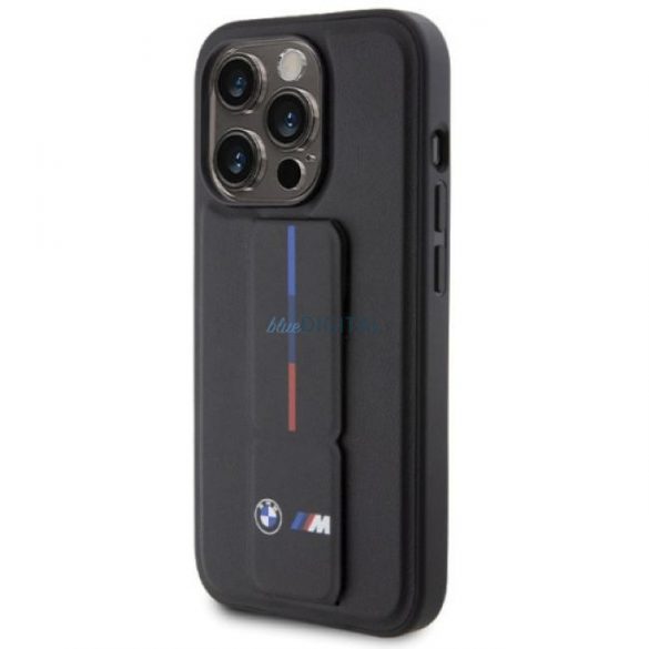 Carcasă din spate pentru iPhone 15 Pro (6.1"), PU, ​​ieșită în evidență, neagră, BMW M Grip Stand Tricolor Line (BMHCP15L22GSLK)