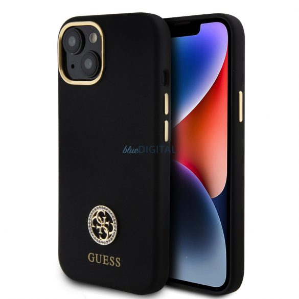 Husă din spate pentru iPhone 15 Pro (6,1"), silicon, negru, sigla GUESS Silicon Liquid 4G Strass Metal (GUHCP15LM4DGPK)