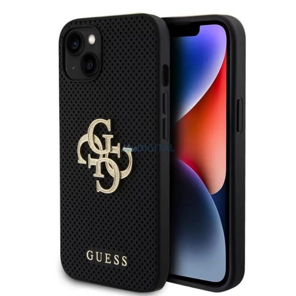 Carcasă din spate pentru iPhone 15 Pro Max (6,7"), PU, ​​neagră, sigla metalică sclipitoare 4G perforată GUESS (GUHCP15XPSP4LGK)