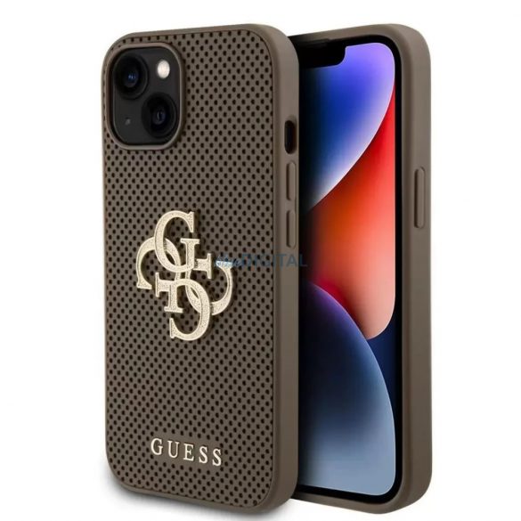 Husă din spate pentru iPhone 15 (6.1"), PU, ​​maro, sigla metalică cu sclipici 4G perforată GUESS (GUHCP15SPSP4LGE)