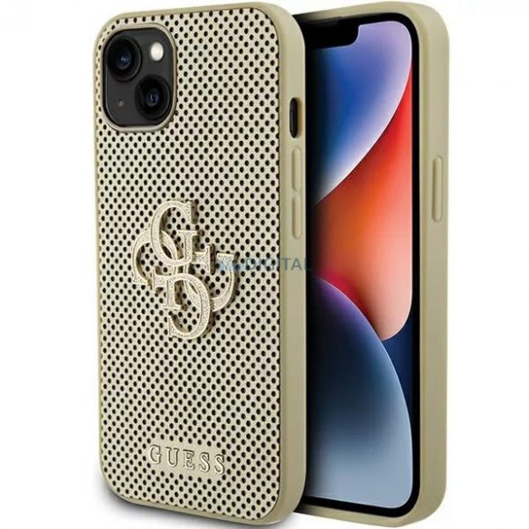 Carcasă din spate pentru iPhone 15 (6.1"), PU, ​​auriu, sigla GUESS Glitter Metal (GUHCP15SPSP4LGD)