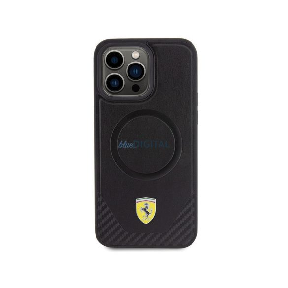 Carcasă din spate pentru iPhone 15 (6.1"), PU/fibră de carbon, model de carbon, caset de protecție, negru, Ferrari Bottom Carbon Magsafe (FEHMP15SPTEK)