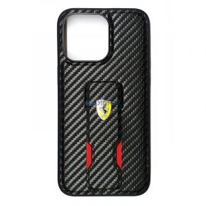 Carcasa spate iPhone 15 (6.1"), PU, ​​model carbon, suportabil, negru, suport Ferrari Grip (FEHCP15SGSNCAK)