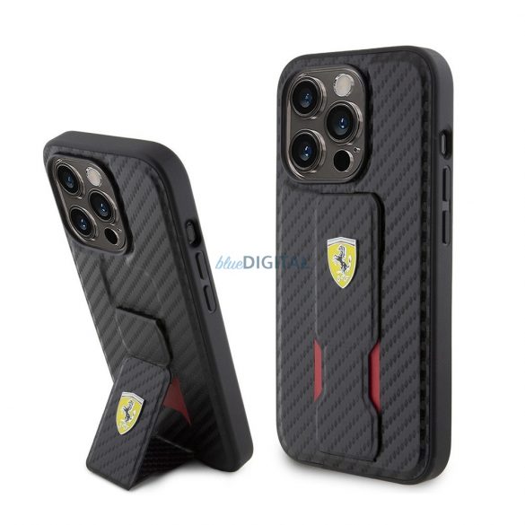 Carcasa spate iPhone 15 (6.1"), PU, ​​model carbon, suportabil, negru, suport Ferrari Grip (FEHCP15SGSNCAK)