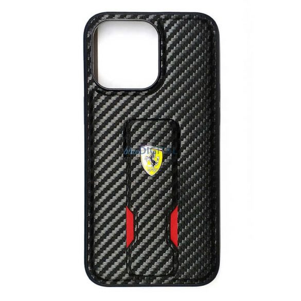 Carcasa spate iPhone 15 Pro Max (6.7"), PU, ​​model carbon, poate fi suportata, neagra, suport Ferrari Grip (FEHCP15XGSNCAK)