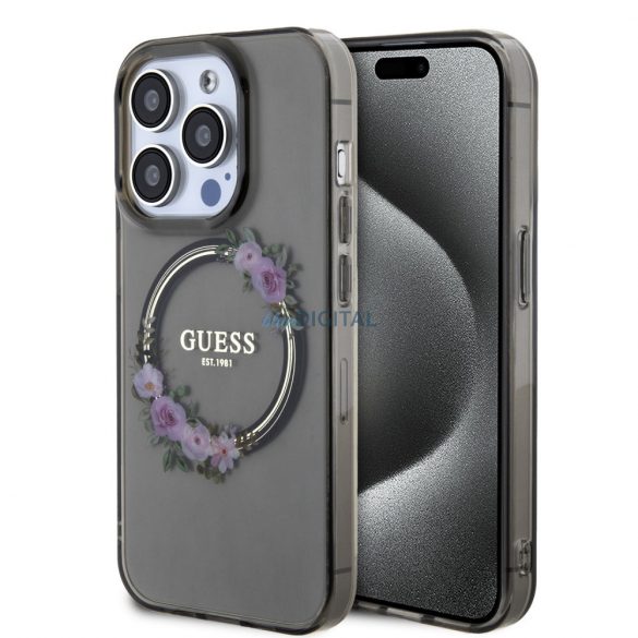 Husă din spate pentru iPhone 15 Pro Max (6,7"), PC/TPU, seif, transparent/negru, GUESS Flowers Ring Glossy Logo MagSafe (GUHMP15XHFWFCK)