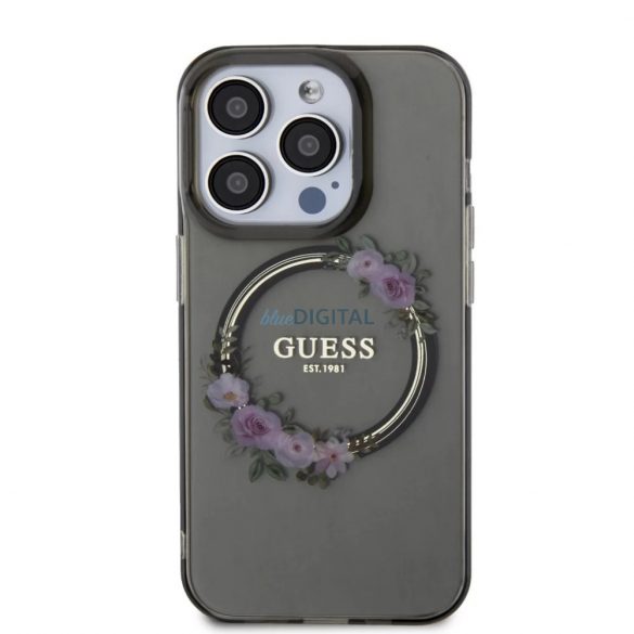 Husă din spate pentru iPhone 15 Pro Max (6,7"), PC/TPU, seif, transparent/negru, GUESS Flowers Ring Glossy Logo MagSafe (GUHMP15XHFWFCK)