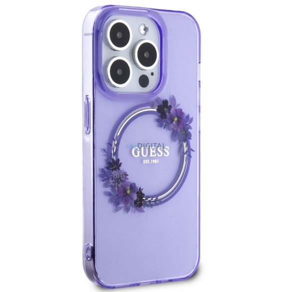 Carcasă din spate pentru iPhone 15 Pro (6,1"), PC/TPU, casetă de siguranță, violet, Logo Glossy GUESS Flowers Ring MagSafe (GUHMP15LHFWFCU)