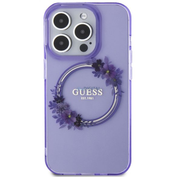 Carcasă din spate pentru iPhone 15 Pro (6,1"), PC/TPU, casetă de siguranță, violet, Logo Glossy GUESS Flowers Ring MagSafe (GUHMP15LHFWFCU)