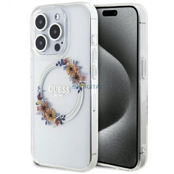 Carcasă din spate pentru iPhone 15 Pro Max (6,7"), PC/TPU, seif, transparent, GUESS Flowers Ring Glossy Logo MagSafe (GUHMP15XHFWFCT)