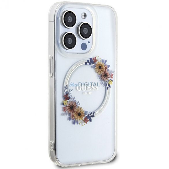 Carcasă din spate pentru iPhone 15 Pro Max (6,7"), PC/TPU, seif, transparent, GUESS Flowers Ring Glossy Logo MagSafe (GUHMP15XHFWFCT)