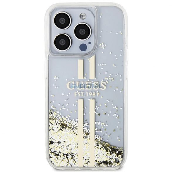 Carcasă din spate pentru iPhone 15 Pro (6,1"), TPU, sclipici lichid/transparent, GUESS Liquid Glitter Gold Stripe (GUHCP15LLFCSEGT)