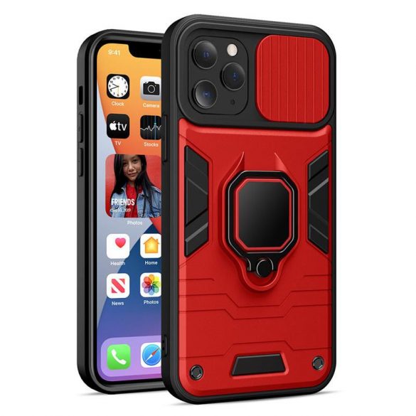 Carcasă din spate iPhone 11 Pro (5,8") rezistentă la șocuri, carcasă PC/TPU, cu protecție pentru cameră, roșu-negru, poate fi susținută, obiectiv inel