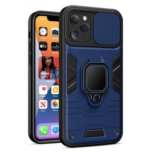 Carcasă din spate iPhone 13 Pro (6.1") rezistentă la șoc, carcasă din PC/TPU, cu protecție pentru cameră, albastru-negru, poate fi susținută, obiectiv inel