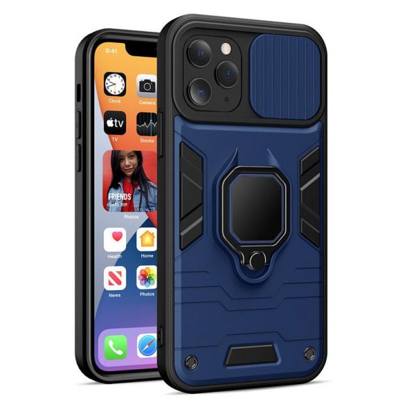 Carcasă din spate iPhone 13 Pro (6.1") rezistentă la șoc, carcasă din PC/TPU, cu protecție pentru cameră, albastru-negru, poate fi susținută, obiectiv inel