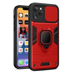 Carcasă din spate iPhone 13 Pro Max (6,7") rezistentă la șocuri, carcasă PC/TPU, cu protecție pentru cameră, roșu-negru, poate fi susținută, obiectiv inel