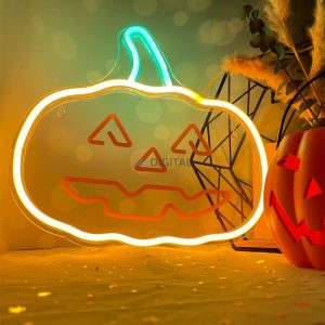 Lampă LED neon din plexiglas, Happy Pumpkin, poate fi agățată pe perete, portocaliu-verde, Forever Light FPNE10