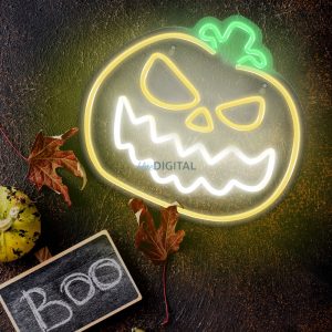 Lampă LED neon din plexiglas, Angry Pumpkin, poate fi agățată pe perete, galben-alb, Forever Light FPNE14