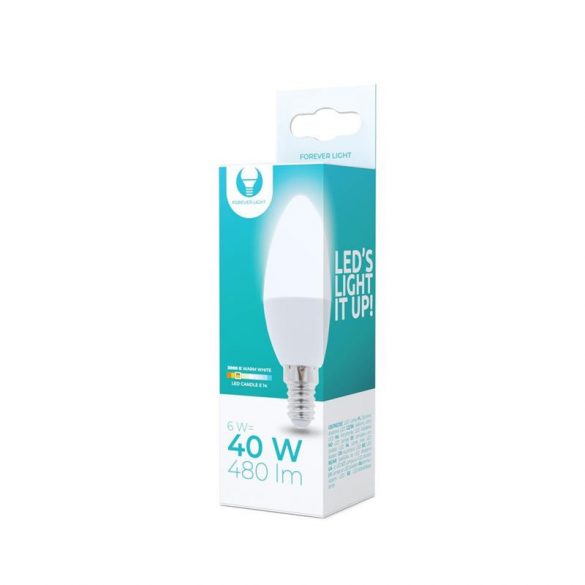 Bec LED E14 / C37, 6W, 3000K, 480lm, lumină albă caldă, Forever Light