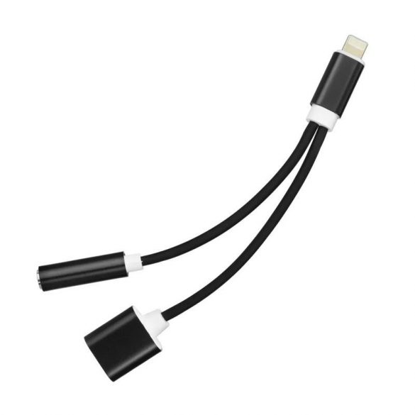 Adaptor audio/HF 2in1, iPhone 8pin - Type-C/Jack, negru