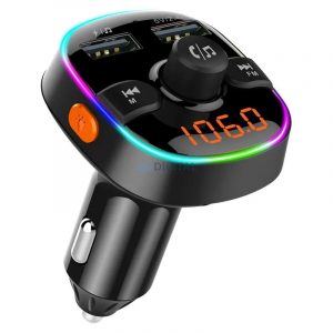 Transmițător FM Bluetooth, 2xUSB, cititor de carduri Micro SD, QC3.0, afișaj LED, bandă luminoasă în 7 culori, negru, BC52L