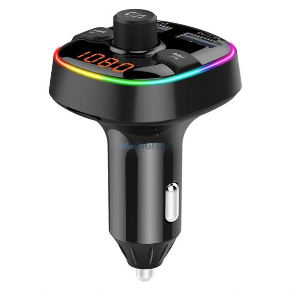 Transmițător FM Bluetooth, 2xUSB, cititor de carduri Micro SD, QC3.0, afișaj LED, bandă luminoasă în 7 culori, negru, BC52L