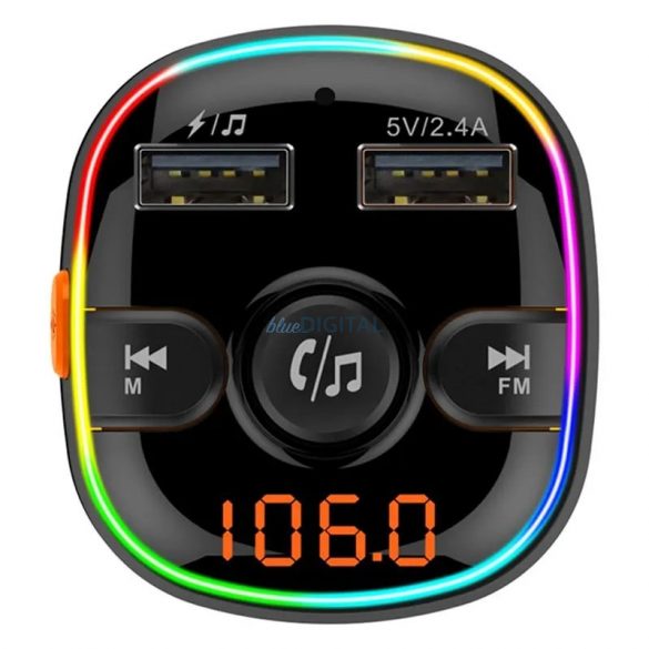 Transmițător FM Bluetooth, 2xUSB, cititor de carduri Micro SD, QC3.0, afișaj LED, bandă luminoasă în 7 culori, negru, BC52L