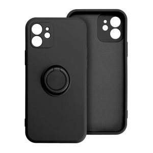 Carcasa din spate inel pentru iPhone 14 Pro Max (6,7"), husa din silicon, interior din piele intoarsa, negru, inel din silicon Forcell