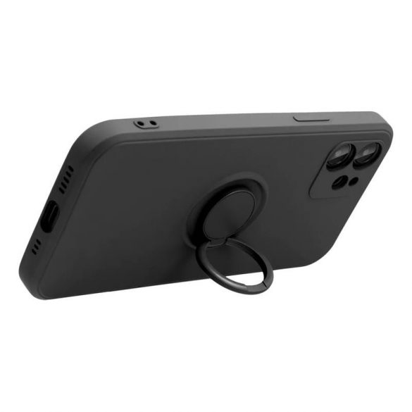 Carcasa din spate inel pentru iPhone 14 Pro Max (6,7"), husa din silicon, interior din piele intoarsa, negru, inel din silicon Forcell