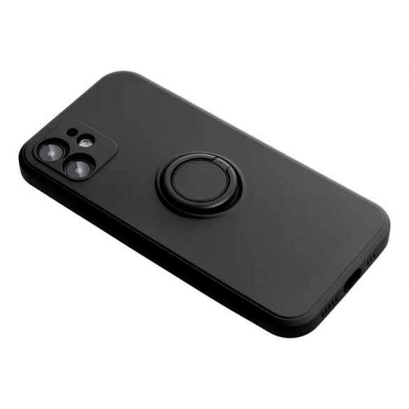 Carcasa din spate inel pentru iPhone 14 (6.1"), husa din silicon, interior din piele intoarsa, negru, inel din silicon Forcell