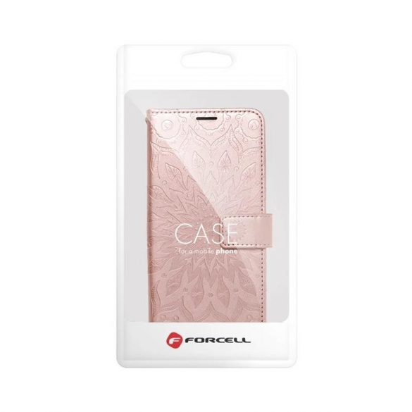 Husă pentru telefon iPhone 14 (6.1"), husă carte, husă cu deschidere laterală, închidere magnetică, aur roz, mandala, Forcell Mezzo