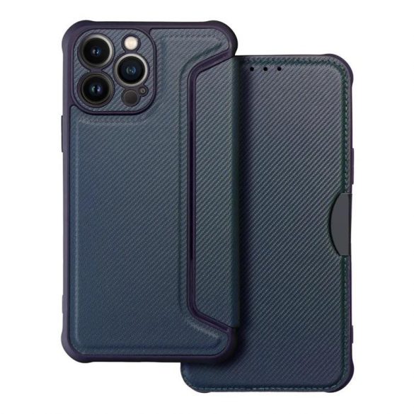 Husă pentru telefon iPhone 14 (6.1"), husă carte, husă cu deschidere laterală, închidere magnetică, husă PU/TPU, model carbon, albastru, aparat de ras