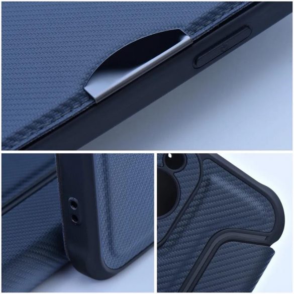 Husă pentru telefon iPhone 14 (6.1"), husă carte, husă cu deschidere laterală, închidere magnetică, husă PU/TPU, model carbon, albastru, aparat de ras