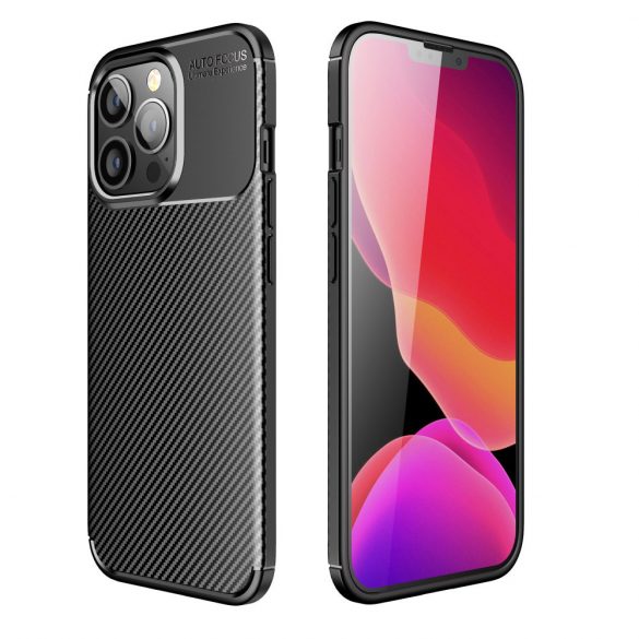 Husa din silicon pentru iPhone 13 Pro Max (6.7"), carcasa din spate, model carbon, protectie camera, neagra, Carbon Premium