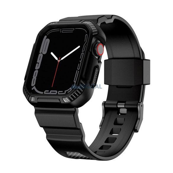 Carcasă și curea pentru ceas inteligent Apple Watch 4 / 5 / 6 / 7 / 8 / 9 / SE / SE2, TPU / silicon, negru, 42/44/45 mm, Lito Carbon Rugged Armor