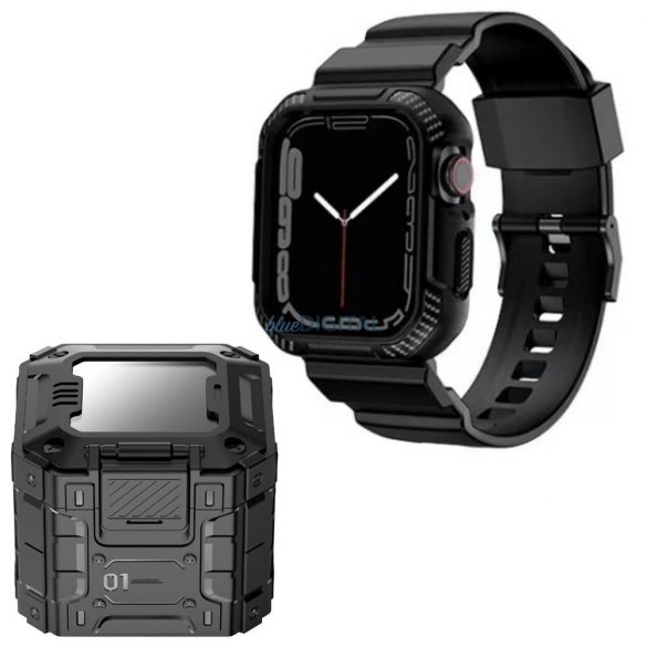 Carcasă și curea pentru ceas inteligent Apple Watch 4 / 5 / 6 / 7 / 8 / 9 / SE / SE2, TPU / silicon, negru, 42/44/45 mm, Lito Carbon Rugged Armor