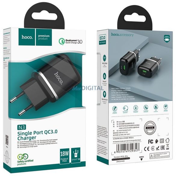 Cap de încărcare de rețea, 1x USB, 3A / 18W, QC 3.0, negru, Hoco N3