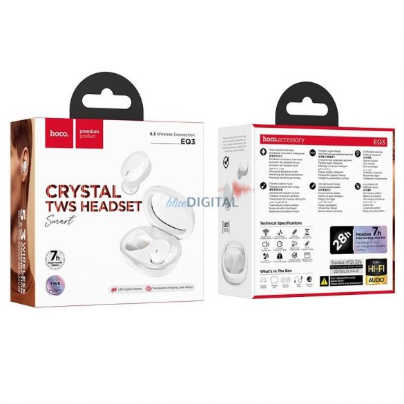 Căști stereo bluetooth cu carcasă de încărcare wireless, TWS, alb, Hoco EQ3