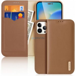 Husa telefon iPhone 15 (6.1"), husa carte, husa cu deschidere laterala, inchidere magnetica, piele, maro, Dux Ducis Hivo