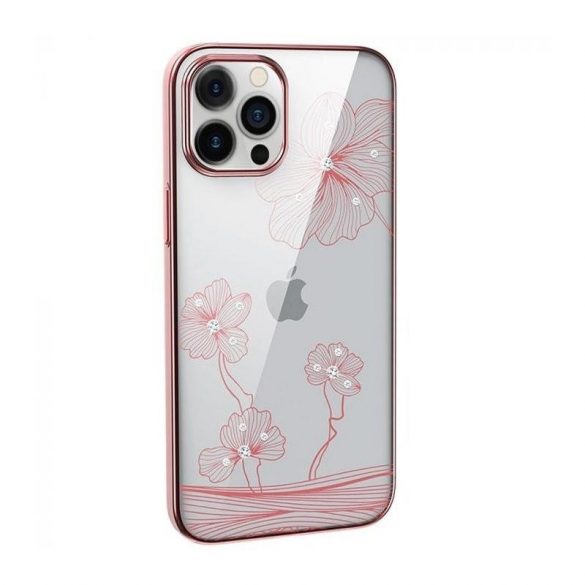 Husa spate iPhone 12 Pro Max (6.7"), carcasa TPU, model floral/piatra, aur roz, Devia Crystal Flora