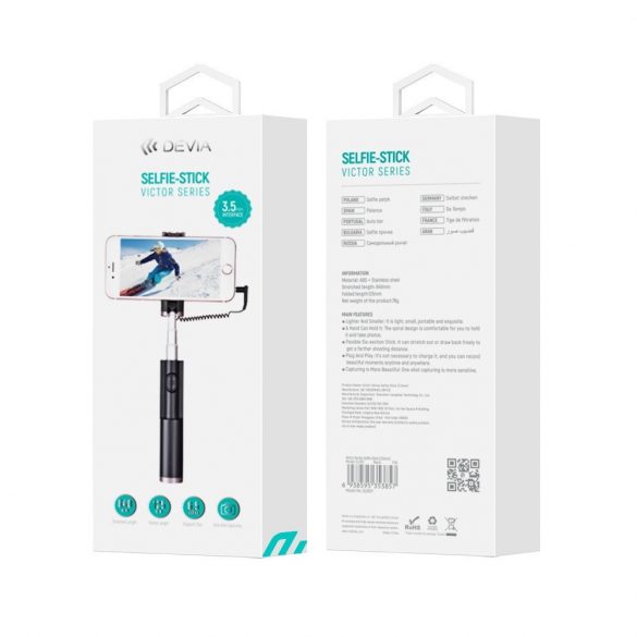 Selfie stick Bluetooth, cu conector jack de 3,5 mm, negru, Seria Devia Victor