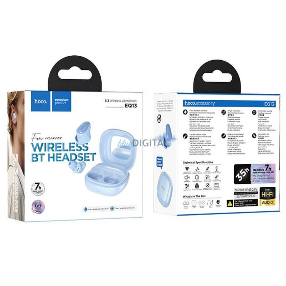 Căști stereo bluetooth cu carcasă de încărcare wireless, TWS, albastru, Hoco EQ13