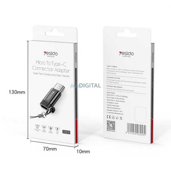 Adaptor Micro USB - Type-C OTG, negru, 480 Mbps, Yesido GS04