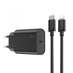 Cap de încărcare de rețea 1xType-C + Cablu de date Type-C / iPhone 8pin, PD, 3A / 20W, negru, WIWU Wi-U001