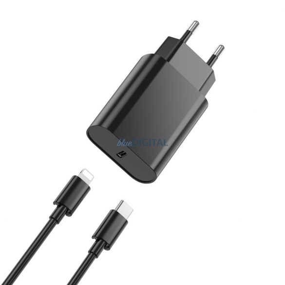 Cap de încărcare de rețea 1xType-C + Cablu de date Type-C / iPhone 8pin, PD, 3A / 20W, negru, WIWU Wi-U001