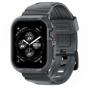 Carcasă și curea pentru ceas inteligent Apple Watch 4 / 5 / 6 / 7 / 8 / 9 / SE / SE 2, 44 mm / 45 mm, TPU / silicon, gri, Spigen Rugged Armor Pro