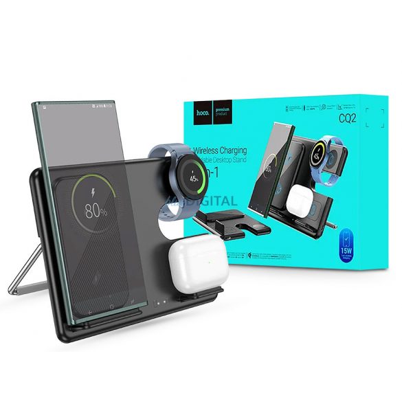 Stație de încărcare wireless universală HOCO Qi pentru ceas Samsung - HOCO CQ2 3in1 Wireless Charger Phone + Samsung Watch + Headset - negru