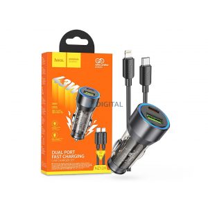 Adaptor de încărcare pentru brichetă HOCO cu USB-A + intrare Type-C + Type-C - Cablu Lightning - 43W - Set de încărcare rapidă HOCO NZ12A Dual Port - negru